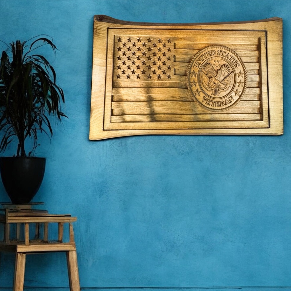 Hand-Carved United States Veteran Wooden Flag Plaque